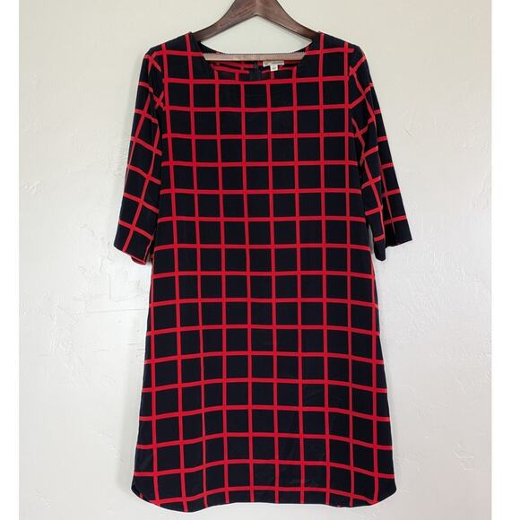 Gap Shift Dress‎ Womens Small Black Red Window Pain Grid Pattern 3/4 Sleeve Midi - Picture 1 of 11